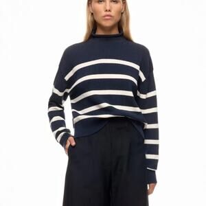 Club Monaco Blue White Sweater MEDIUM Nautical Cotton Cashmere Mockneck $200